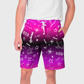 Мужские шорты 3D с принтом Тату Лил Пипа на фиолетовом в Тюмени,  полиэстер 100% | прямой крой, два кармана без застежек по бокам. Мягкая трикотажная резинка на поясе, внутри которой широкие завязки. Длина чуть выше колен | 