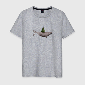 Мужская футболка хлопок с принтом Акула и елка в Курске, 100% хлопок | прямой крой, круглый вырез горловины, длина до линии бедер, слегка спущенное плечо. | 