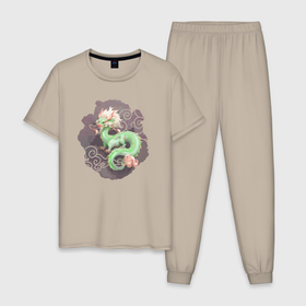 Мужская пижама хлопок с принтом Зелёный дракон с розовым носом в Курске, 100% хлопок | брюки и футболка прямого кроя, без карманов, на брюках мягкая резинка на поясе и по низу штанин
 | Тематика изображения на принте: 