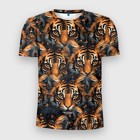 Мужская футболка 3D Slim с принтом Паттерн с тиграми в Тюмени, 100% полиэстер с улучшенными характеристиками | приталенный силуэт, круглая горловина, широкие плечи, сужается к линии бедра | Тематика изображения на принте: 