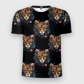 Мужская футболка 3D Slim с принтом Паттерн тигры в Тюмени, 100% полиэстер с улучшенными характеристиками | приталенный силуэт, круглая горловина, широкие плечи, сужается к линии бедра | Тематика изображения на принте: 