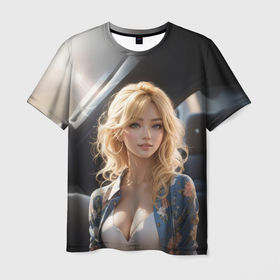 Мужская футболка 3D с принтом Девушка в рубашке с цветами в Новосибирске, 100% полиэфир | прямой крой, круглый вырез горловины, длина до линии бедер | 