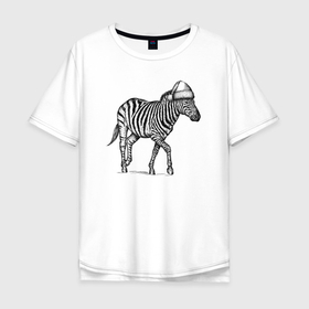 Мужская футболка хлопок Oversize с принтом Зебра в новогоднем колпаке в Курске, 100% хлопок | свободный крой, круглый ворот, “спинка” длиннее передней части | 