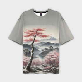 Мужская футболка oversize 3D с принтом Высокое дерево и гора Фудзияма в Курске,  |  | 