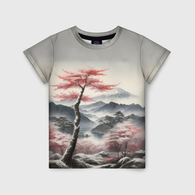 Детская футболка 3D с принтом Высокое дерево и гора Фудзияма в Кировске, 100% гипоаллергенный полиэфир | прямой крой, круглый вырез горловины, длина до линии бедер, чуть спущенное плечо, ткань немного тянется | 