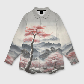 Мужская рубашка oversize 3D с принтом Высокое дерево и гора Фудзияма ,  |  | 