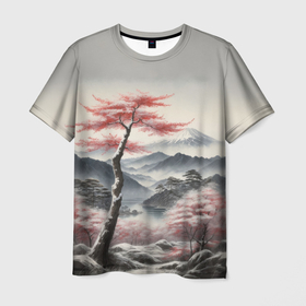 Мужская футболка 3D с принтом Высокое дерево и гора Фудзияма в Тюмени, 100% полиэфир | прямой крой, круглый вырез горловины, длина до линии бедер | 