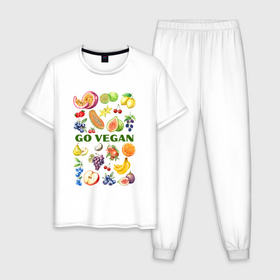 Мужская пижама хлопок с принтом Go vegan   слоган с фруктами , 100% хлопок | брюки и футболка прямого кроя, без карманов, на брюках мягкая резинка на поясе и по низу штанин
 | 
