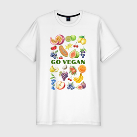 Мужская футболка хлопок Slim с принтом Go vegan   слоган с фруктами , 92% хлопок, 8% лайкра | приталенный силуэт, круглый вырез ворота, длина до линии бедра, короткий рукав | 