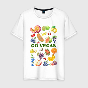 Мужская футболка хлопок с принтом Go vegan   слоган с фруктами в Тюмени, 100% хлопок | прямой крой, круглый вырез горловины, длина до линии бедер, слегка спущенное плечо. | 