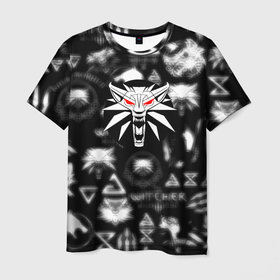 Мужская футболка 3D с принтом Ведьмак логотипы серые в Петрозаводске, 100% полиэфир | прямой крой, круглый вырез горловины, длина до линии бедер | 