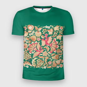 Мужская футболка 3D Slim с принтом Русский сад с птицами и плодами , 100% полиэстер с улучшенными характеристиками | приталенный силуэт, круглая горловина, широкие плечи, сужается к линии бедра | 