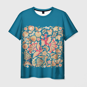Мужская футболка 3D с принтом Цветущий русский сад с птицами и плодами , 100% полиэфир | прямой крой, круглый вырез горловины, длина до линии бедер | 