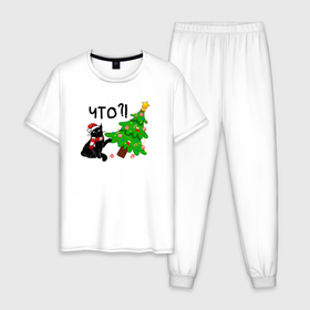 Мужская пижама хлопок с принтом Новогодний котик роняет ёлку в Тюмени, 100% хлопок | брюки и футболка прямого кроя, без карманов, на брюках мягкая резинка на поясе и по низу штанин
 | 