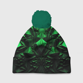 Шапка 3D c помпоном с принтом Асимметрия  зеленого узора в Тюмени, 100% полиэстер | универсальный размер, печать по всей поверхности изделия | 