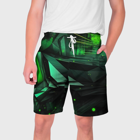 Мужские шорты 3D с принтом Мир абстрактной  зелени в Екатеринбурге,  полиэстер 100% | прямой крой, два кармана без застежек по бокам. Мягкая трикотажная резинка на поясе, внутри которой широкие завязки. Длина чуть выше колен | Тематика изображения на принте: 