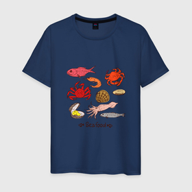 Мужская футболка хлопок с принтом Разные морские гады дорадо рыбка краб мидия в Санкт-Петербурге, 100% хлопок | прямой крой, круглый вырез горловины, длина до линии бедер, слегка спущенное плечо. | 