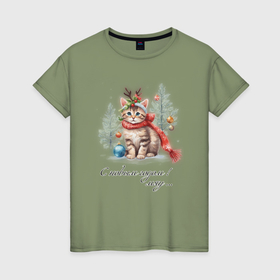 Женская футболка хлопок с принтом Котёнок с оленьими рожками в ёлках мяу в Белгороде, 100% хлопок | прямой крой, круглый вырез горловины, длина до линии бедер, слегка спущенное плечо | 