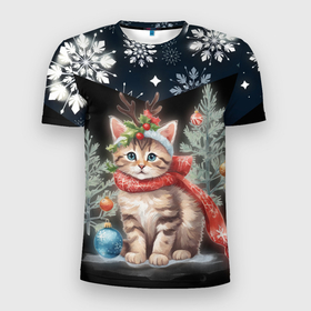 Мужская футболка 3D Slim с принтом Новогодний котик у ёлок в шарфе горы в снежинках , 100% полиэстер с улучшенными характеристиками | приталенный силуэт, круглая горловина, широкие плечи, сужается к линии бедра | Тематика изображения на принте: 