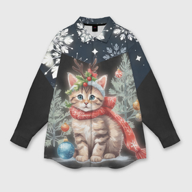 Мужская рубашка oversize 3D с принтом Новогодний котик у ёлок в шарфе горы в снежинках ,  |  | 
