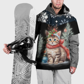Накидка на куртку 3D с принтом Новогодний котик у ёлок в шарфе горы в снежинках , 100% полиэстер |  | Тематика изображения на принте: 
