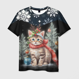 Мужская футболка 3D с принтом Новогодний котик у ёлок в шарфе горы в снежинках , 100% полиэфир | прямой крой, круглый вырез горловины, длина до линии бедер | Тематика изображения на принте: 