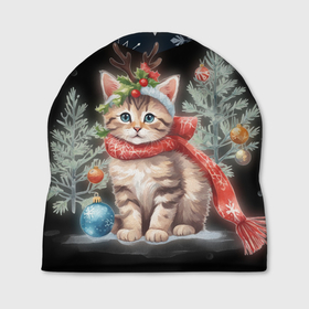 Шапка 3D с принтом Новогодний котик у ёлок в шарфе горы в снежинках , 100% полиэстер | универсальный размер, печать по всей поверхности изделия | Тематика изображения на принте: 