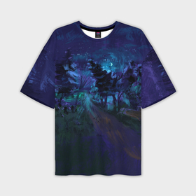 Мужская футболка oversize 3D с принтом Ночной лес при свете луны ,  |  | 