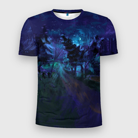 Мужская футболка 3D Slim с принтом Ночной лес при свете луны в Курске, 100% полиэстер с улучшенными характеристиками | приталенный силуэт, круглая горловина, широкие плечи, сужается к линии бедра | Тематика изображения на принте: 