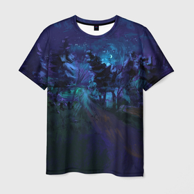 Мужская футболка 3D с принтом Ночной лес при свете луны в Курске, 100% полиэфир | прямой крой, круглый вырез горловины, длина до линии бедер | Тематика изображения на принте: 
