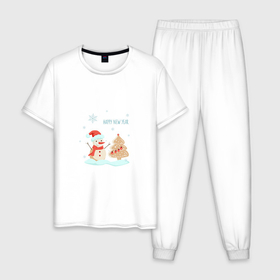 Мужская пижама хлопок с принтом Снеговик с имбирной ёлкой в Тюмени, 100% хлопок | брюки и футболка прямого кроя, без карманов, на брюках мягкая резинка на поясе и по низу штанин
 | 