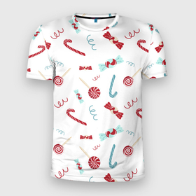Мужская футболка 3D Slim с принтом Новогодние конфетки и подарки в Рязани, 100% полиэстер с улучшенными характеристиками | приталенный силуэт, круглая горловина, широкие плечи, сужается к линии бедра | 