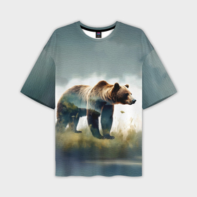 Мужская футболка oversize 3D с принтом Минималистичный пейзаж с медведем акварель ,  |  | Тематика изображения на принте: 