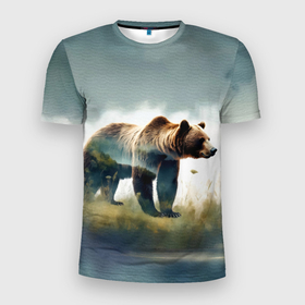 Мужская футболка 3D Slim с принтом Минималистичный пейзаж с медведем акварель в Курске, 100% полиэстер с улучшенными характеристиками | приталенный силуэт, круглая горловина, широкие плечи, сужается к линии бедра | 