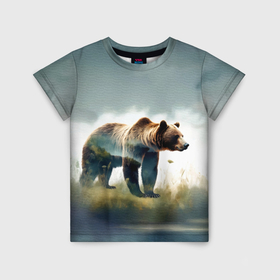 Детская футболка 3D с принтом Минималистичный пейзаж с медведем акварель в Кировске, 100% гипоаллергенный полиэфир | прямой крой, круглый вырез горловины, длина до линии бедер, чуть спущенное плечо, ткань немного тянется | 