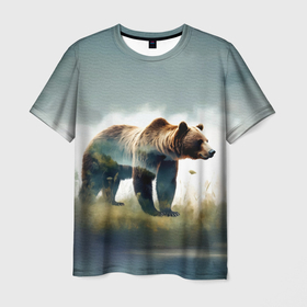 Мужская футболка 3D с принтом Минималистичный пейзаж с медведем акварель в Петрозаводске, 100% полиэфир | прямой крой, круглый вырез горловины, длина до линии бедер | 