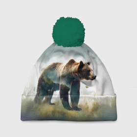 Шапка 3D c помпоном с принтом Минималистичный пейзаж с медведем акварель в Петрозаводске, 100% полиэстер | универсальный размер, печать по всей поверхности изделия | 