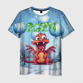 Мужская футболка 3D с принтом Красный дракон   2024 , 100% полиэфир | прямой крой, круглый вырез горловины, длина до линии бедер | 