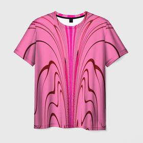 Мужская футболка 3D с принтом Плавные линии на розовом фоне , 100% полиэфир | прямой крой, круглый вырез горловины, длина до линии бедер | 