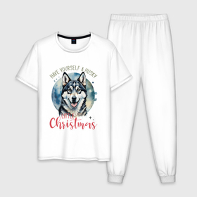 Мужская пижама хлопок с принтом Christmas husky в Тюмени, 100% хлопок | брюки и футболка прямого кроя, без карманов, на брюках мягкая резинка на поясе и по низу штанин
 | 