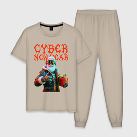 Мужская пижама хлопок с принтом Santa with gift   cyberpunk   ai art , 100% хлопок | брюки и футболка прямого кроя, без карманов, на брюках мягкая резинка на поясе и по низу штанин
 | 