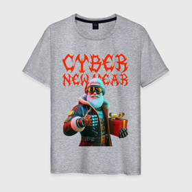Мужская футболка хлопок с принтом Santa with gift   cyberpunk   ai art в Тюмени, 100% хлопок | прямой крой, круглый вырез горловины, длина до линии бедер, слегка спущенное плечо. | Тематика изображения на принте: 