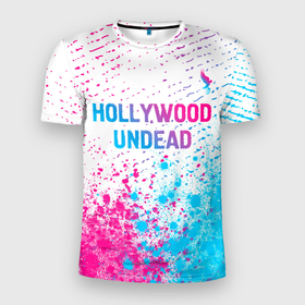 Мужская футболка 3D Slim с принтом Hollywood Undead neon gradient style посередине в Санкт-Петербурге, 100% полиэстер с улучшенными характеристиками | приталенный силуэт, круглая горловина, широкие плечи, сужается к линии бедра | Тематика изображения на принте: 