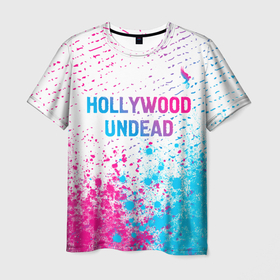 Мужская футболка 3D с принтом Hollywood Undead neon gradient style посередине в Санкт-Петербурге, 100% полиэфир | прямой крой, круглый вырез горловины, длина до линии бедер | Тематика изображения на принте: 