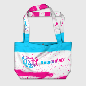 Пляжная сумка 3D с принтом Radiohead neon gradient style по горизонтали в Тюмени, 100% полиэстер | застегивается на металлическую кнопку; внутренний карман застегивается на молнию. Стенки укреплены специальным мягким материалом, чтобы защитить содержимое от несильных ударов
 | 