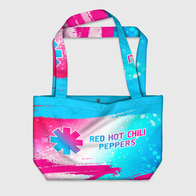 Пляжная сумка 3D с принтом Red Hot Chili Peppers neon gradient style по горизонтали в Кировске, 100% полиэстер | застегивается на металлическую кнопку; внутренний карман застегивается на молнию. Стенки укреплены специальным мягким материалом, чтобы защитить содержимое от несильных ударов
 | 