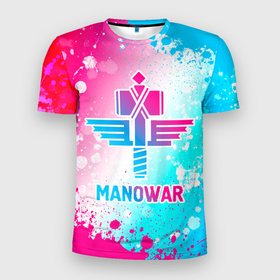 Мужская футболка 3D Slim с принтом Manowar neon gradient style в Рязани, 100% полиэстер с улучшенными характеристиками | приталенный силуэт, круглая горловина, широкие плечи, сужается к линии бедра | 