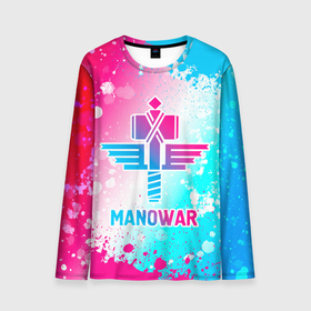 Мужской лонгслив 3D с принтом Manowar neon gradient style в Рязани, 100% полиэстер | длинные рукава, круглый вырез горловины, полуприлегающий силуэт | 