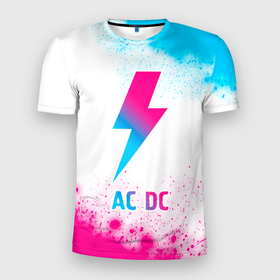 Мужская футболка 3D Slim с принтом AC DC neon gradient style в Курске, 100% полиэстер с улучшенными характеристиками | приталенный силуэт, круглая горловина, широкие плечи, сужается к линии бедра | Тематика изображения на принте: 