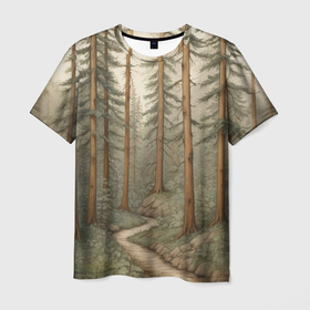 Мужская футболка 3D с принтом Лесная тропинка , 100% полиэфир | прямой крой, круглый вырез горловины, длина до линии бедер | 